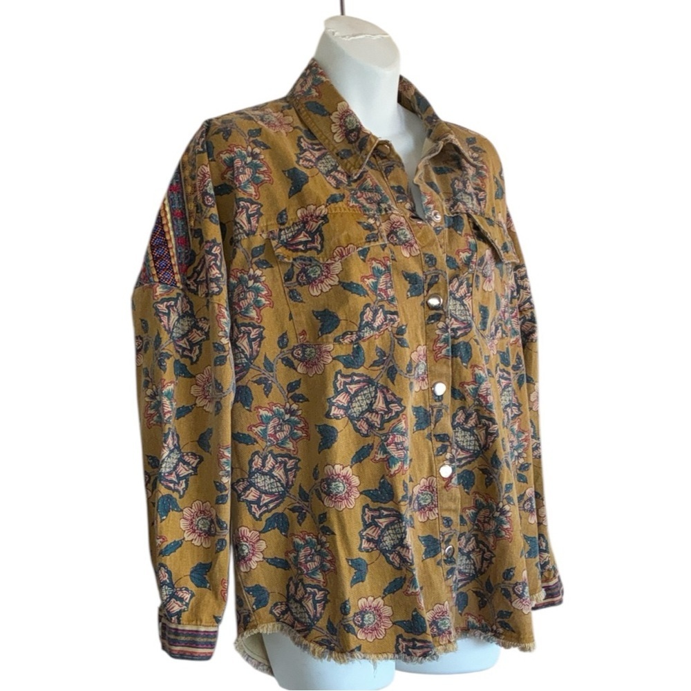 ZARA jacket, mustard yellow,  blue Floral pattern & applique back. Oversized. S - Picture 3 of 15